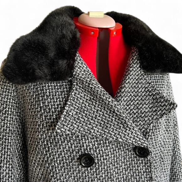 Grey & Black Tweed Peacoat Coat With Removable Faux Fur Collar - Picture 2 of 8